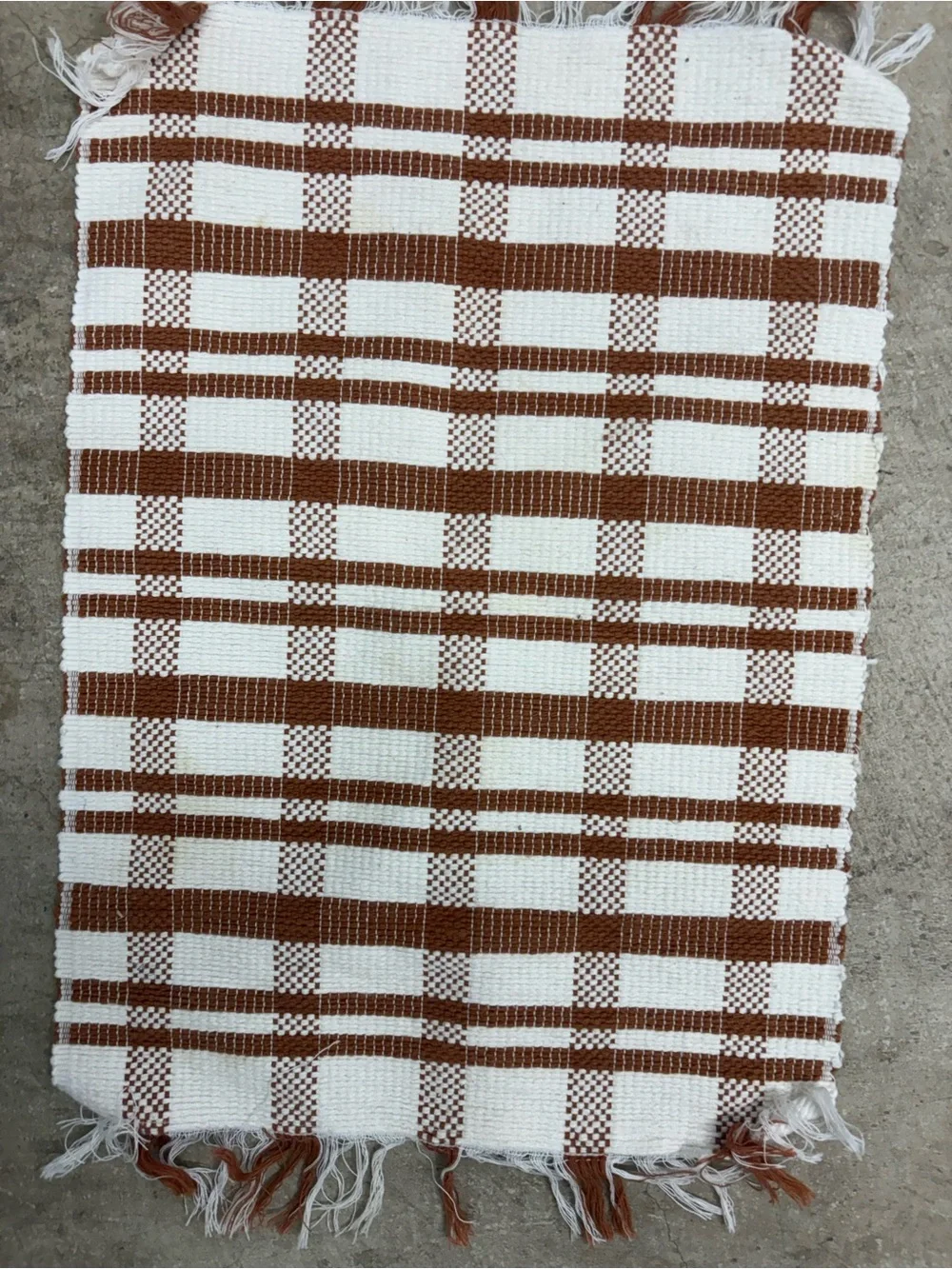 Brown and White Plaid Fabric Rectangular Placemat with Fringed Edges